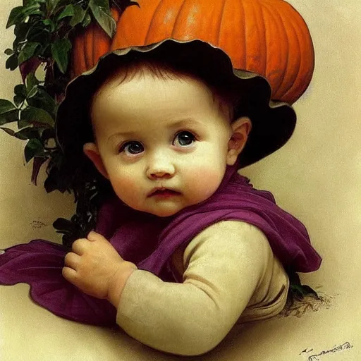 Image similar to a cute nine month old baby sitting inside a pumpkin. beautiful cute highly detailed face. halloween themed painting by artgerm and anne geddes and alphonse mucha.