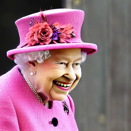 Prompt: A photo of the Queen from the side laughing with an open mouth