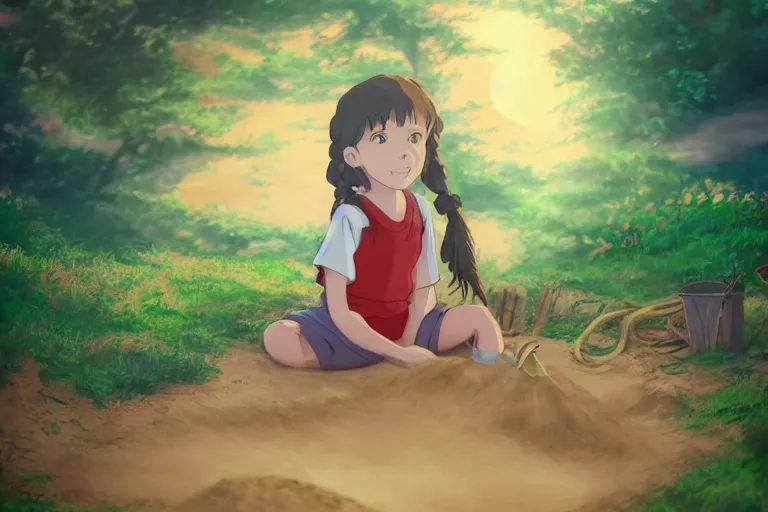 Prompt: Studio ghibli style little girl with two ponytails playing in a sandbox at sunset with a forest background, Studio ghibli, ultra realistic, fantasy, intricate, trending on artstation