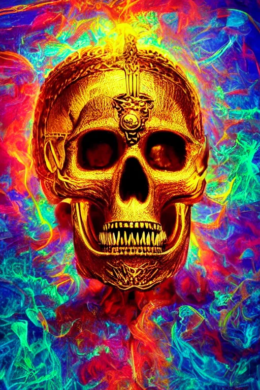 Image similar to 35 mm lens photo of chthonic skull lsd colors wearing a golden roman helmet with sharp teeth and rgb background smoke, direct sunlight, glowing, vivid, detailed painting, Houdini algorhitmic pattern, by Ross Tran, WLOP, artgerm and James Jean, masterpiece, award winning painting