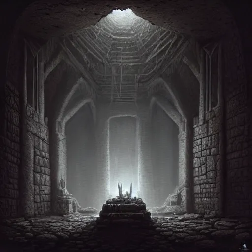 Image similar to A dark and foreboding dungeon, filled with ancient relics and dark secrets, in the style of Keith Thompson and Zdzislaw Beksinski, Artstation HD, 8k, Surrealistic digital artwork,