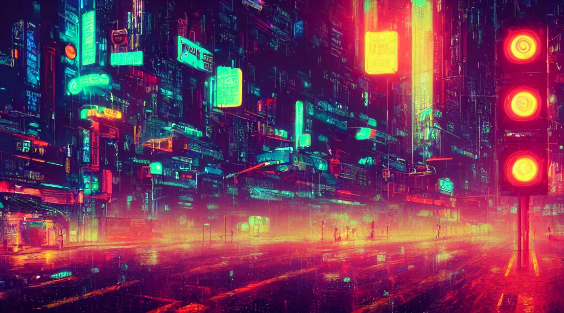 Image similar to retro cyberpunk retro city. street view. max hay. digital render. digital painting. night. raining. rain. neon. road signs. traffic lights. cables. advertisements. stalls. robot. dangiuz.