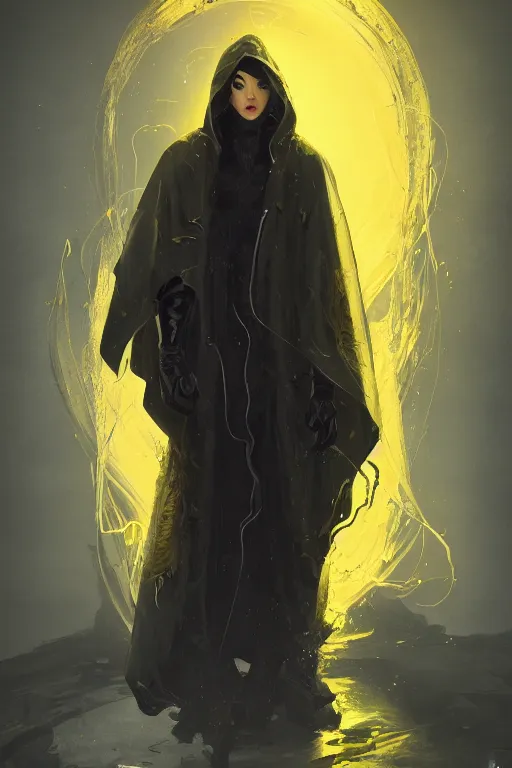Prompt: A full body portrait of a mysterious character with a very long yellow hooded cloak with tentacles instead of feet art by Maciej Kuciara and Jason Chan, trending on artstation, Ultra detailed, hyper realistic 4k