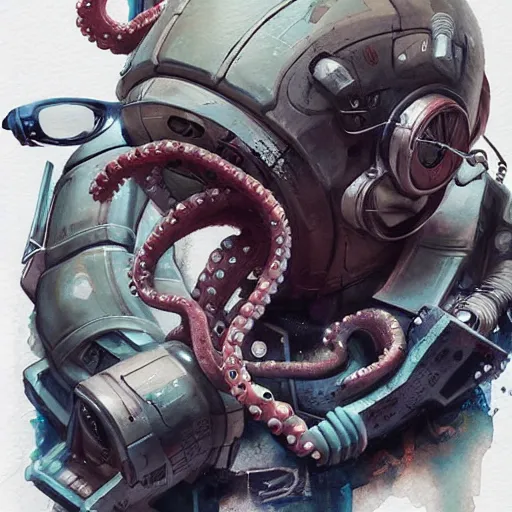 Image similar to Octopus using a computer, cyberpunk, realistic, detailed, Industrial Scifi, paint, watercolor, in the style of Ashley Wood and Wadim Kashin