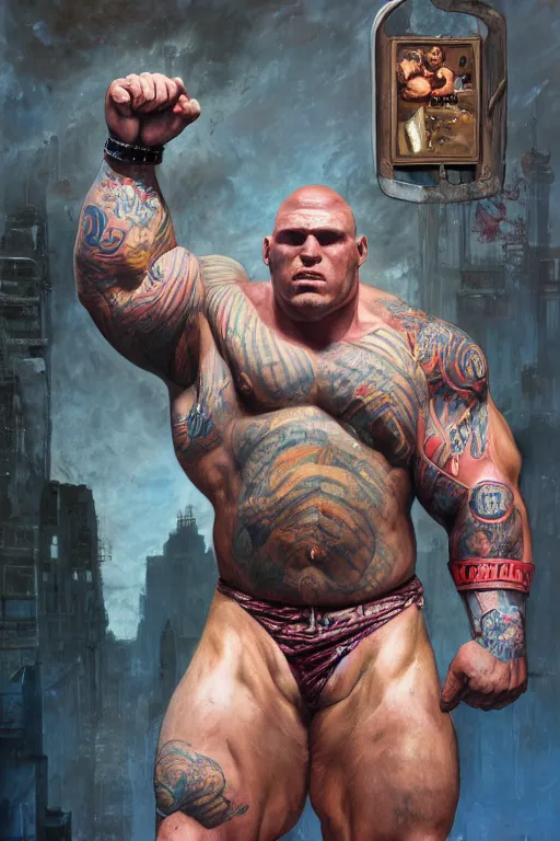 Image similar to upper body and head portrait of huge hulking absurdly muscular martyn ford as marvel character wearing shirt and pants against simple background by alex ross and jack kirby and sergey kolesov and jason fabok and lawrence alma tadema and norman rockwell and greg staples, photoreal, cinematic, 4 k, high detail