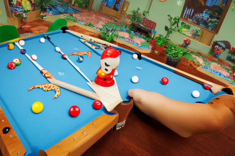 Prompt: fisher price pool table snowy jungle, 85mm