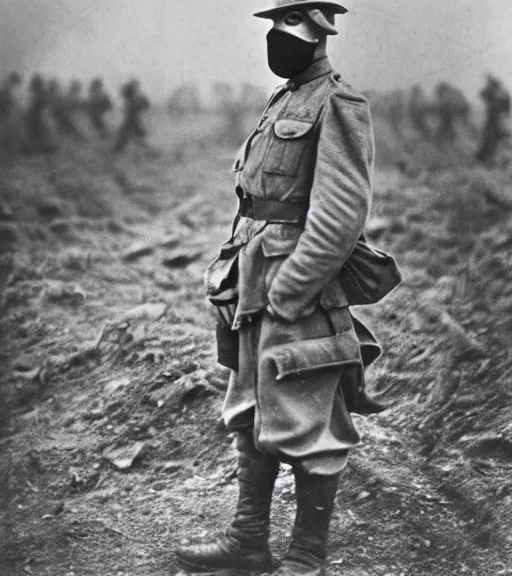 Image similar to a soldier wearing a cloth over face and head in distance, ww1 film photo, grainy, high detail, high resolution