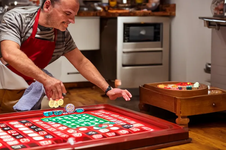 Image similar to italian chef taking a bath on a roulette table fisher - price scene from tv show 5 5 mm