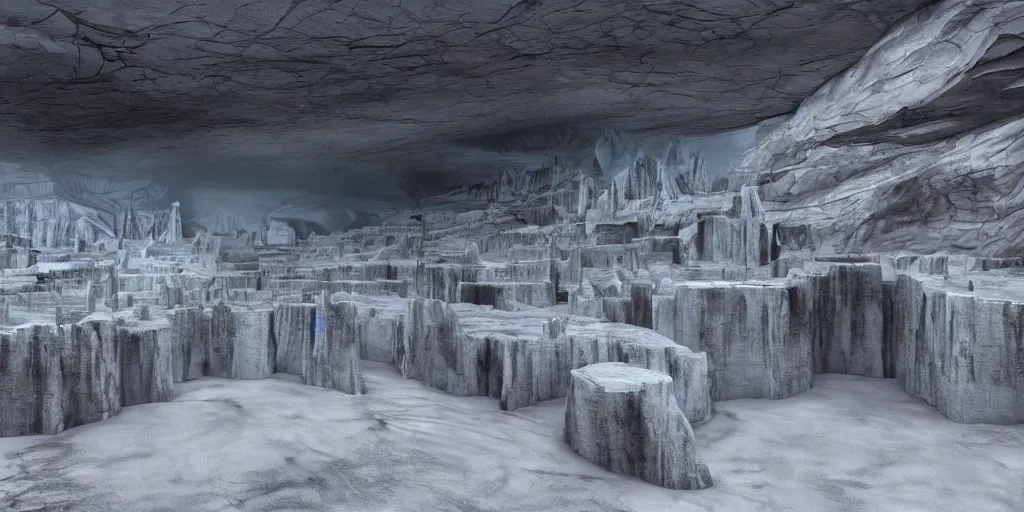 Image similar to a vast and epic ancient interior of an alien city buried with in a glacier deep in the mountains of antarctica, moody and lonely