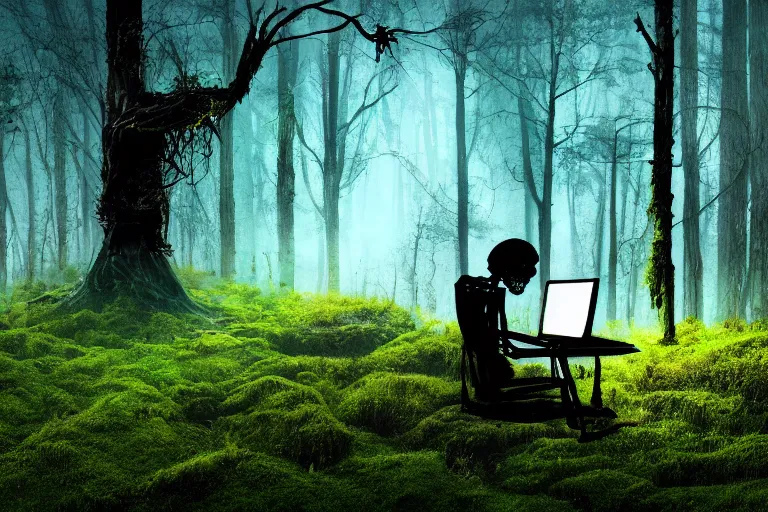 Prompt: a burning with fire human skeleton sitting behind computer, overgrown with moss, in foggy forest, at night with moon light, dark atmosphere, fantasy, digital art