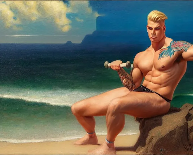 Prompt: handsome tattooed blonde gym bro by the water, synthwave painting by artgerm, gaston bussiere, craig mullins, j. c. leyendecker, tom of finland