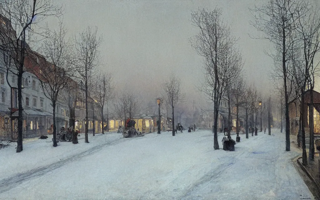 Image similar to a painting of a street in winter, pale sun, mist, oil on canvas, by carl larsson