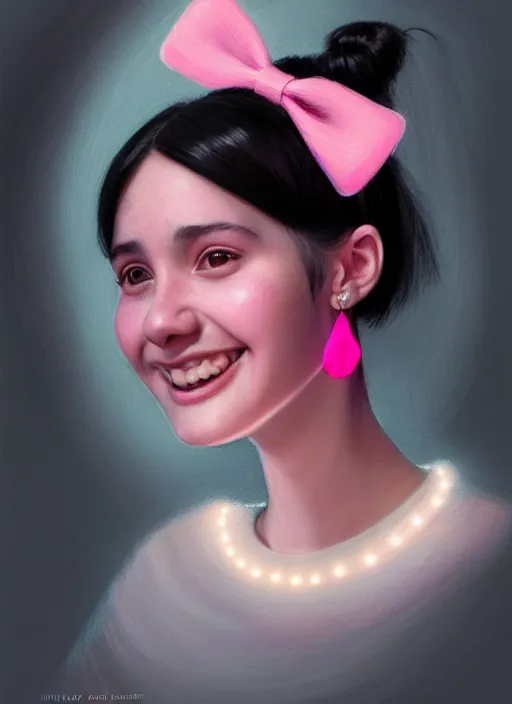 Image similar to portrait of teenage girl, realistic, black hair, bangs, half updo hairstyle, pointy nose, skinny, smile, ugly, defined jawline, big chin, pink hair bow, earrings, intricate, elegant, glowing lights, highly detailed, digital painting, artstation, sharp focus, illustration, art by wlop, mars ravelo and greg rutkowski