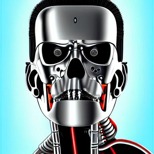 Image similar to portrait of terminator, highly detailed, centered, solid color background, digital painting