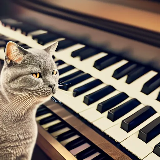 Prompt: portrait of a grey british shorthair cat on background of wavy abstract piano keys with musical notes detailed colorful matte painting 4 k