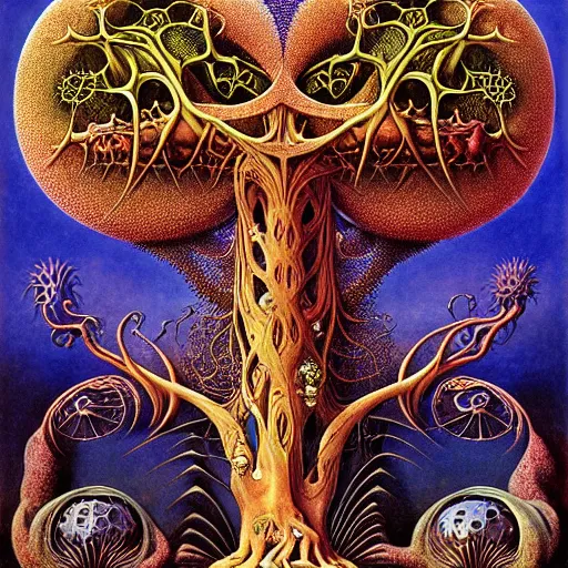 Prompt: divine chaos engine by roger dean and andrew ferez, art forms of nature by ernst haeckel, tree of life, symbolist, visionary, art nouveau, botanical organic fractal structures, surreality, detailed, realistic, deep rich moody colors