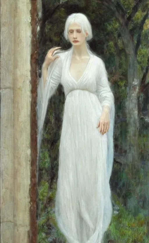 Image similar to say who is this with silver hair so pale and wan! and thin!? female angel, wearing white robes flowing hair, pale fair skin, white dress!! silver hair, covered!!, clothed!! lucien levy - dhurmer, fernand keller, oil on canvas, 1 8 9 6, 4 k resolution, aesthetic!, mystery