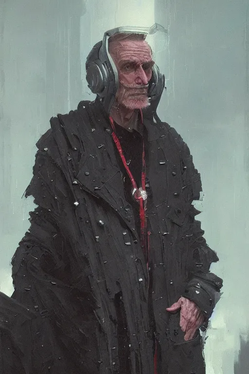 Prompt: portrait of an old wizened man dressed in cyberpunk - inspired designer streetwear by raf simons, oil on canvas by greg rutkowski, beautiful painting, soft lighting