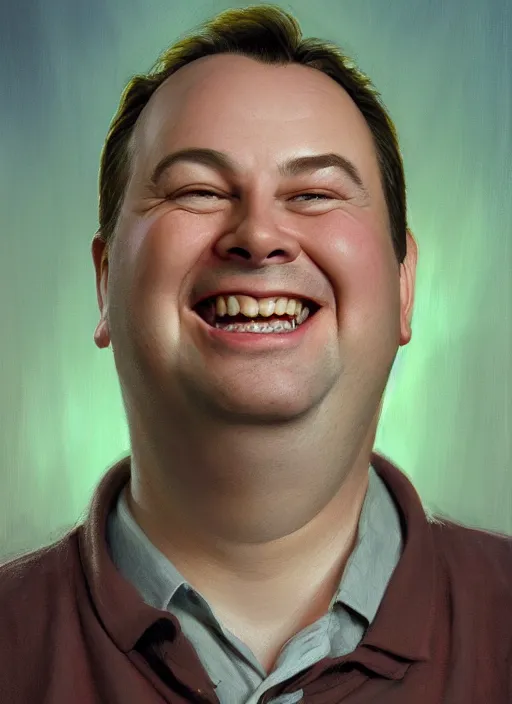 Prompt: portrait of laughing Rich Evans from Red Letter Media, highly detailed, centered, solid color background, digital painting, artstation, concept art, smooth, sharp focus, illustration, artgerm, donato giancola, Joseph Christian Leyendecker, Les Edwards, Ed Repka, WLOP