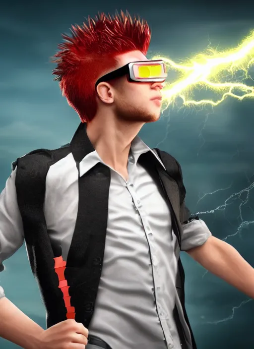 Prompt: photorealistic young man with red spiked long hair, using googles. Wearing black waistcoat, white shirt. dynamic lightning.