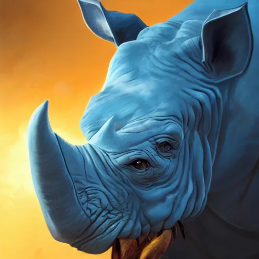 Prompt: A blue rhino wearing adventurer's clothing, highly detailed, digital painting, artstation, concept art, smooth, sharp focus, studio light, by Justin Gerard,