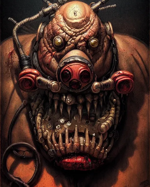 Prompt: roadhog from overwatch, character portrait, portrait, close up, concept art, intricate details, highly detailed, horror poster, horror, vintage horror art, realistic, terrifying, in the style of michael whelan, beksinski, and gustave dore