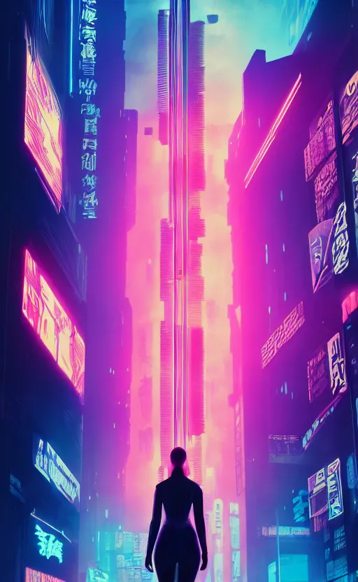 Prompt: vertical movie frame portrait of girl in blade runner 2 0 4 9 bedroom interior, neon - decorated urban on night in the city seen through the window, cyberpunk interior design, architectural design, vintage, night blade runner, dark, postapocalyptic, clean lines, 4 k, octane, asian futuristic city at distance, big windows, octane, wide angle