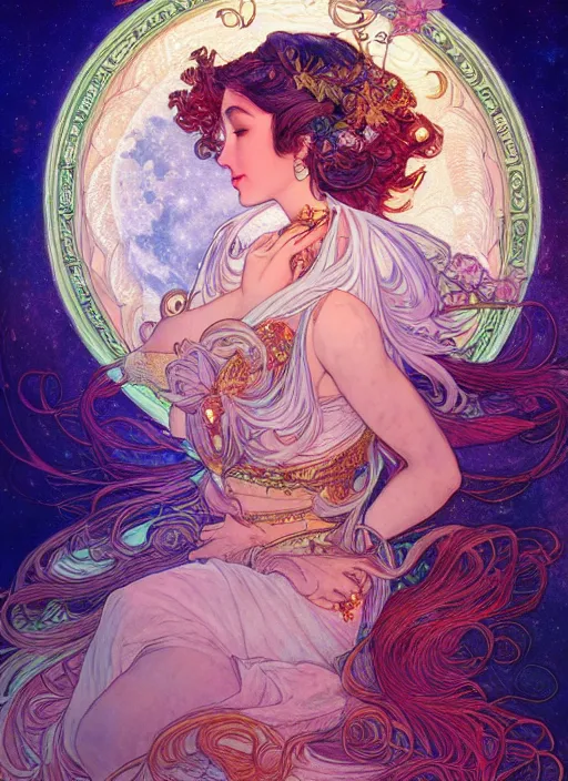 Image similar to Goddess of the Moon, ambient lighting, 4k, josephine wall, alphonse mucha, lois van baarle, ilya kuvshinov, rossdraws, artstation