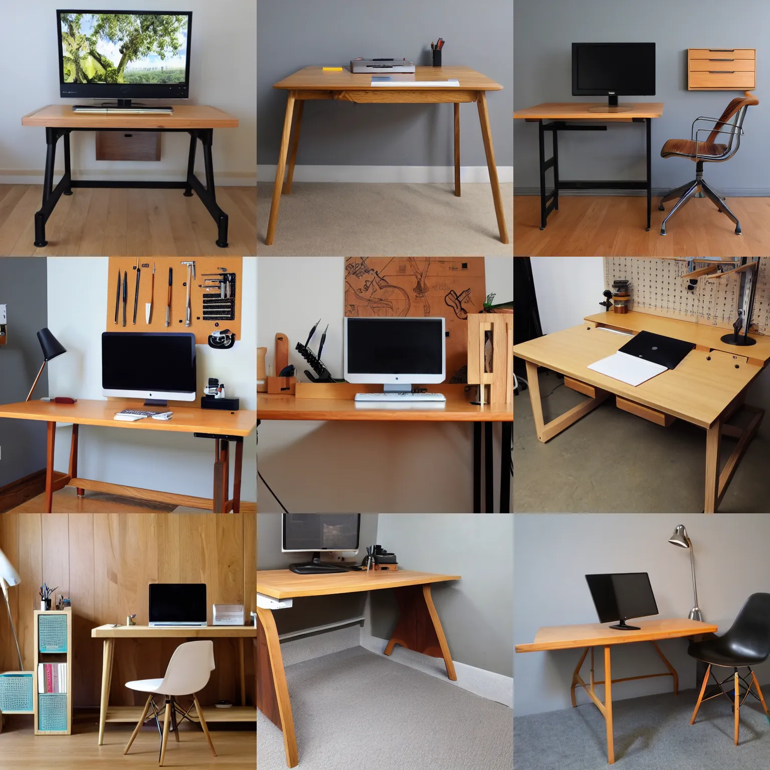 Prompt: desktop oak wood, eames chair design, 3 2 inch monitor, notebook, workbench, storage, tools