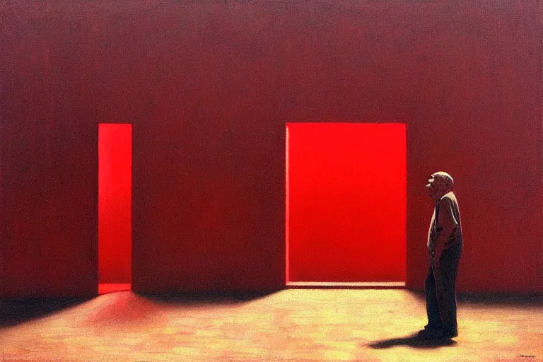 Image similar to only with red, a red old man try to sell a portrait, in a square, crowd cheering, in the style of beksinski, parts by edward hopper, parts by rodcenko, parts by yue minjun, intricate and epic composition, red by caravaggio, insanely quality, highly detailed, masterpiece, red light, artstation, 4 k