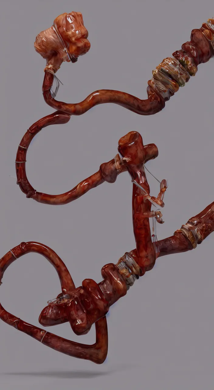 Image similar to a ceramic bag pipe shaped like a human oesophagus, in the style of a colour medical illustration, unreal engine, 8 k