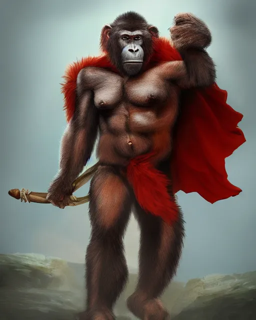 Image similar to fury art, an anthro ape wearing a large cape and a fantasy armor, fire, fiery background, 3 d, 8 k, extremely detailed, trending on furaffinity, trending on artstation, award winning, sharp focus, illustration