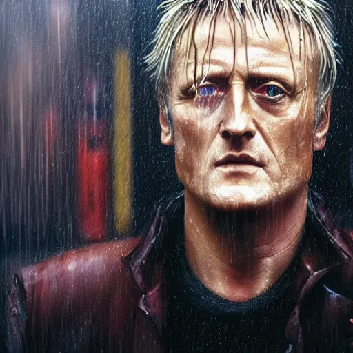 Image similar to cinematic portrait of rutger hauer in blade runner, neon rain, moody, elegant, by alyssa monks, highly detailed, symmetrical face, fine details, masterpiece, trending on artstation