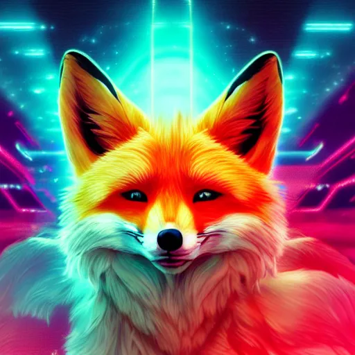 Prompt: digital fox, retrowave palette, digital world, highly detailed, electric breeze, anatomically correct vulpine, dynamic synth feel, fluffy face, ear floof, flowing fur, super realism, accurate animal imagery, 4 k digital art