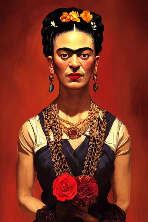 Image similar to portrait of frida kahlo wearing high fashion, staring directly into camera, intricate, elegant, glowing lights, highly detailed, digital painting, artstation, sharp focus, illustration, art by wlop, mars ravelo and greg rutkowski