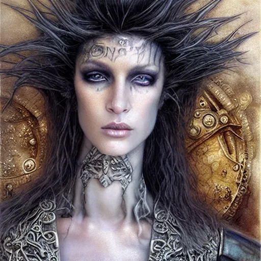 Prompt: an award finning closeup facial portrait by luis royo and john howe of a bohemian androgynous cyberpunk traveller clothed in excessively fashionable 8 0 s haute couture fashion and wearing ornate art nouveau body paint