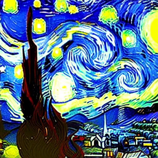 Image similar to A starry night sky, with a city in the distance, sharp focus, no blur, 50mm lens, 4k, by Vincent Parker and Vincent van Gogh