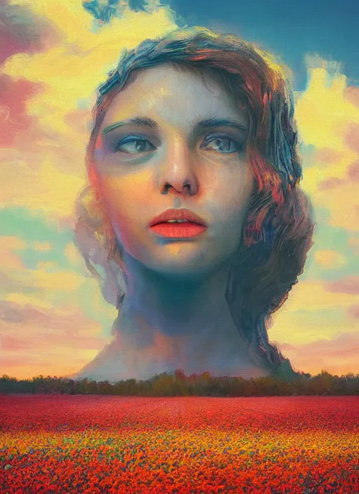 Image similar to portrait of a woman, face made of giant carnation, flower field, surreal photography, sunset dramatic light, impressionist painting, colorful clouds, large sky, digital painting, artstation, simon stalenhag