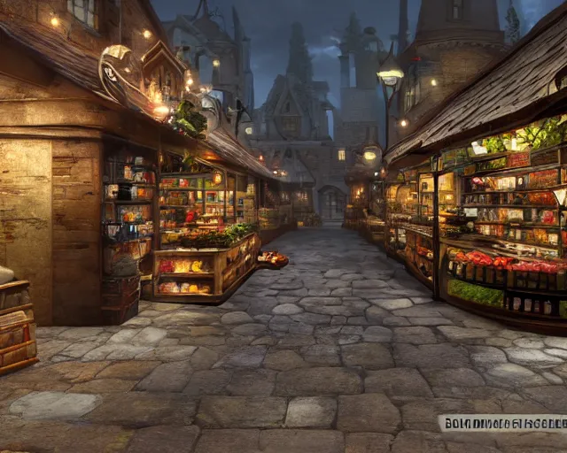 Image similar to fable concept art of bowerstone market, key lighting, soft lights, 8 k render,