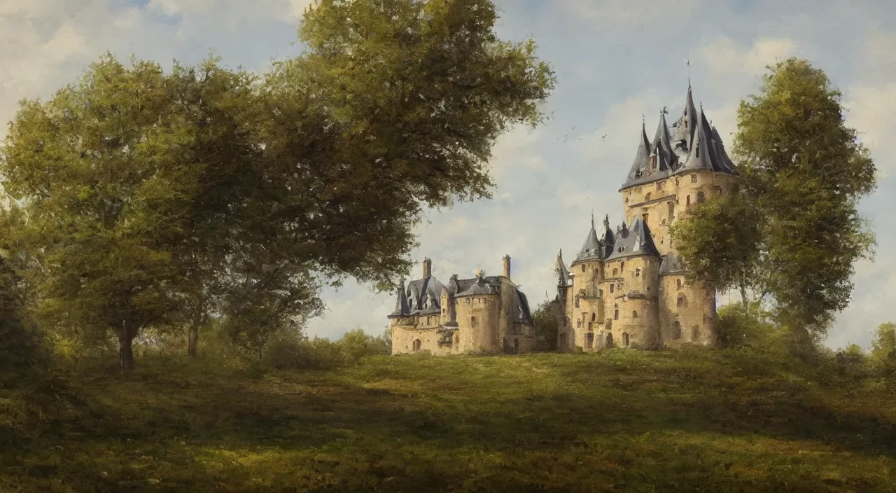 Prompt: a landscape painting of a French castle, with a garden, trending on artstation