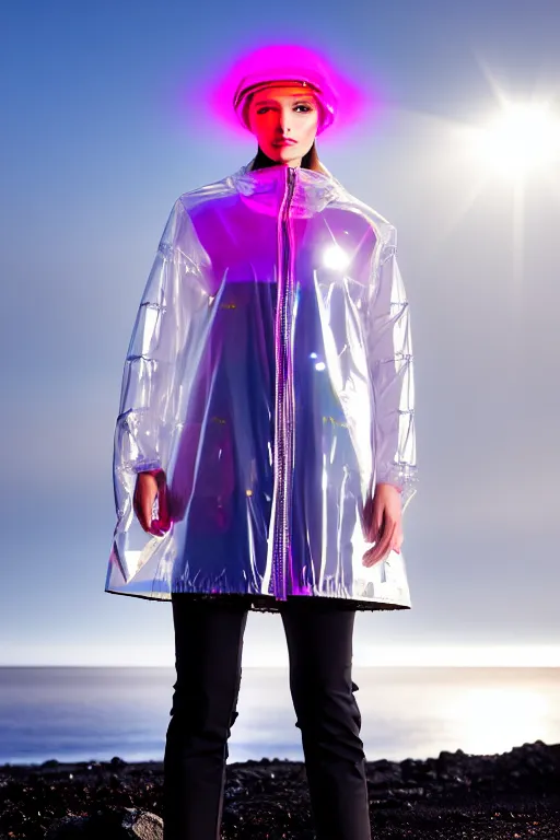 Image similar to an ultra high definition professional high fashion portrait studio full length photograph of a model wearing a transparent pearlescent raincoat and neon visor in an icelandic black rock environment at dawn. no artefacts. extremely detailed. stark. refraction. shallow depth of field. volumetric light and shadow. ray tracing. light rays.