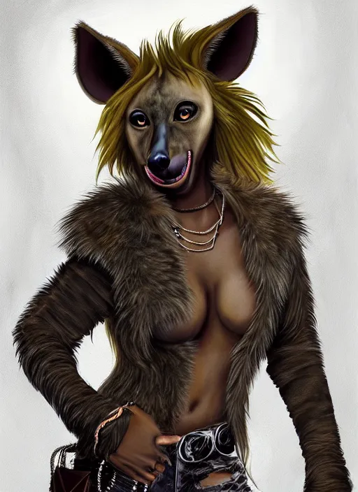 Image similar to award winning beautiful portrait commission of a female furry anthro hyena fursona with a bushy tail and a leather jacket, in a rock bar, cute, beautiful, attractive, detailed,