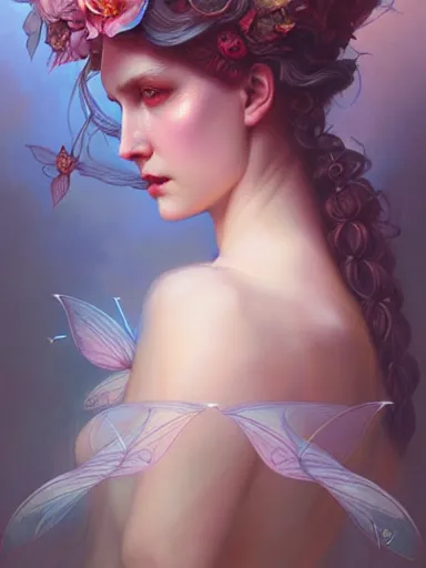Prompt: the fairy queen by james jean, charlie bowater, tom bagshaw, nikolay makovsky : : ethereal, magical, portrait, character design, illustration, hyperrealism, photorealism, digital art, concept art, fantasy, whimsy, weta, wlop, artstation