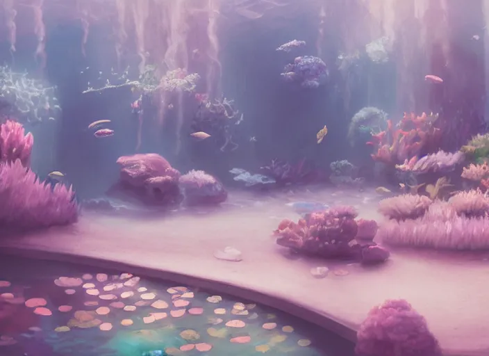 Image similar to placid pastel morning cozy moody cluttered painterly fluffy tiny cramped aquarium store, lots of aquariums, slanted ceiling, tiny space, particulate, trending on pixiv