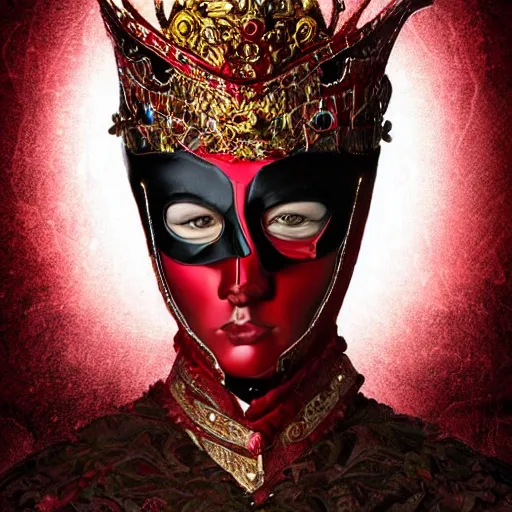 Image similar to portrait of a red king, sharp focus, black hair, full body, highly detailed, intricate, masked, white, regal clothing, gold ethereal light, high fantasy, pop art style