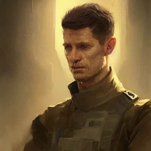 Image similar to Portrait of a man by Greg Rutkowski, he is about 30 years old, short copper hair, attractive, military composure, younger brother vibes, he is wearing futuristic military fatigues, cool uncle vibes, highly detailed portrait, digital painting, artstation, concept art, smooth, sharp foccus ilustration, Artstation HQ.