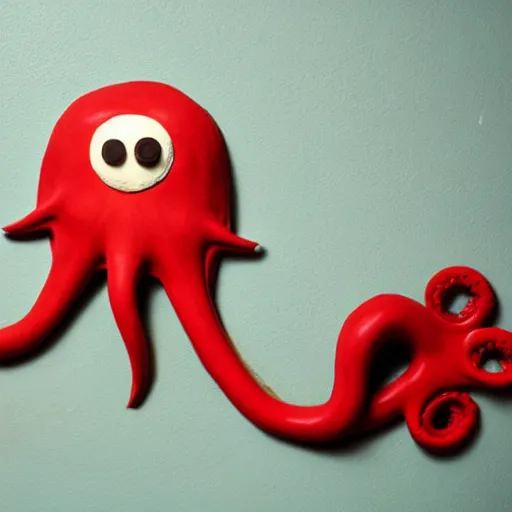 Image similar to a red octopus floats through a portal, holding a newspaper, clay style