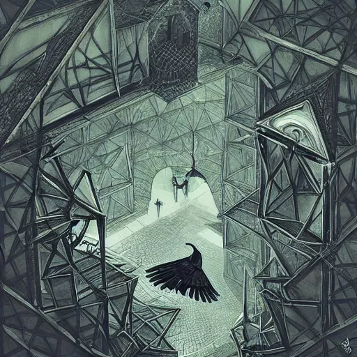 Image similar to crows at a architectural complex with an occult witch by Android Jones and M. C. Escher collaboration, futurist, digital art, dramatic lighting, symbolic