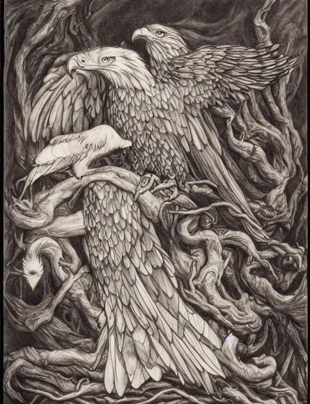 Image similar to eagle crow hybrid, character design, Evelyn de Morgan