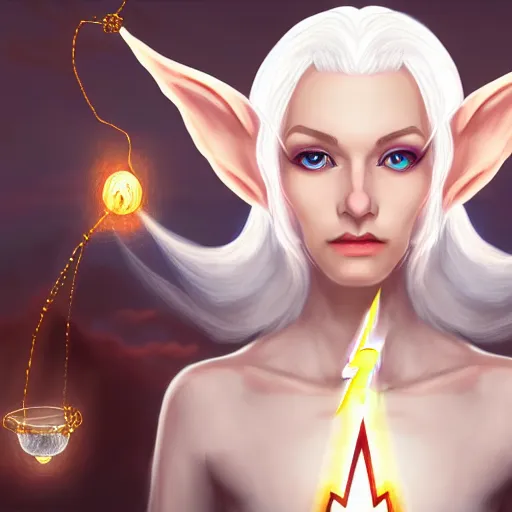 Prompt: Beautiful white haired aged fair skinned scholar elf with spell scroll and lightning background, full body, symmetrical, realism, digital painting, detailed artwork, portrait, mythical, artstation